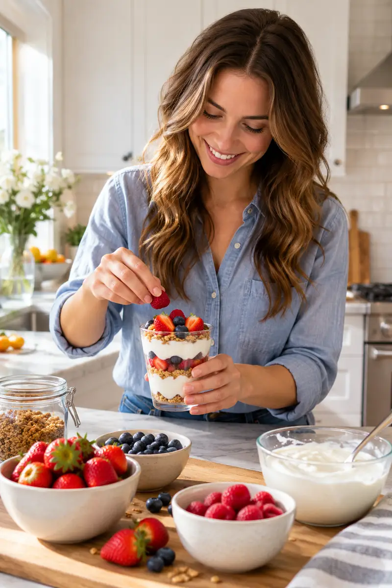 17 Light Afternoon Snacks Under 200 Calories 1 A woman in a casual blouse layering Greek yogurt and fresh berries in a glass cup in a bright kitchen