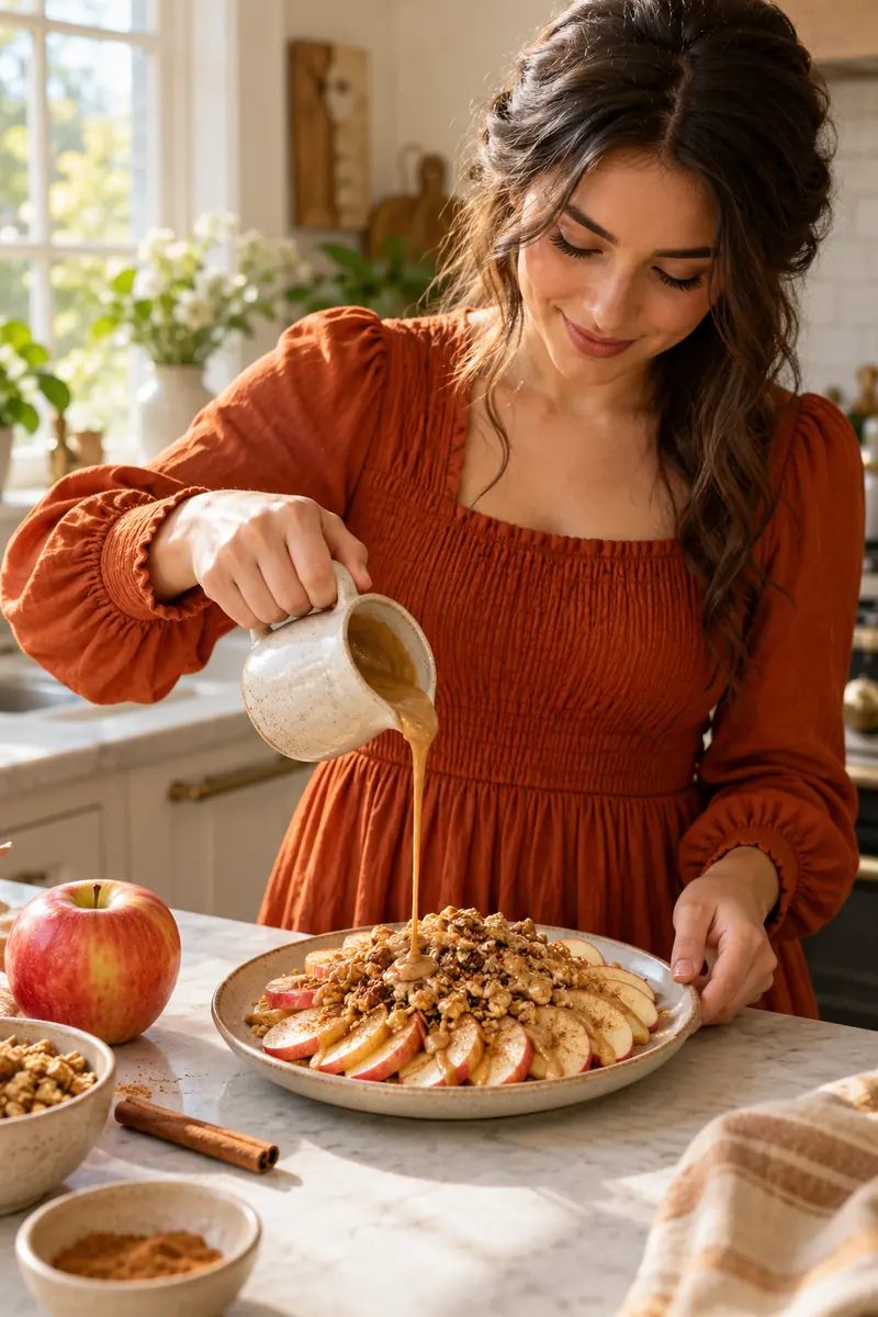 Woman drizzling warm peanut butter over fanned apple slices topped with granola