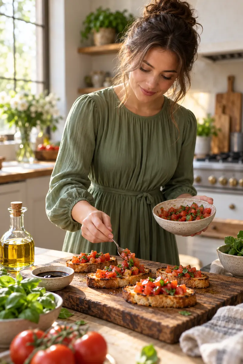 Woman in a long dress spreading tomato basil topping onto toasted bruschetta slices in a bright kitchen