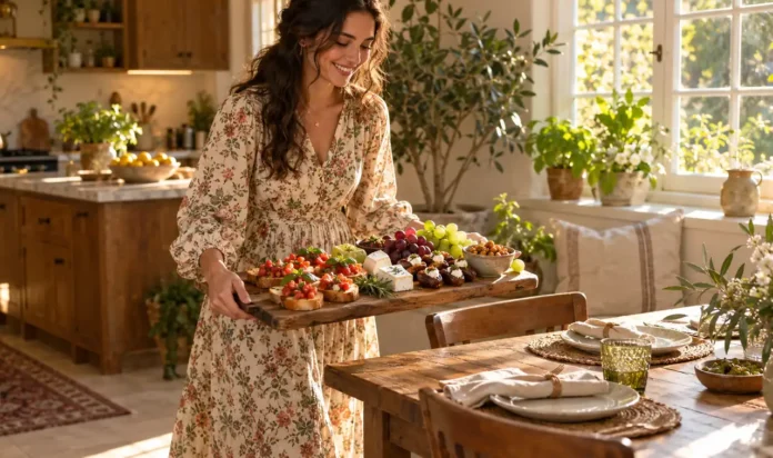 Woman in a long dress carrying a board of vegetarian afternoon snacks in a bright kitchen