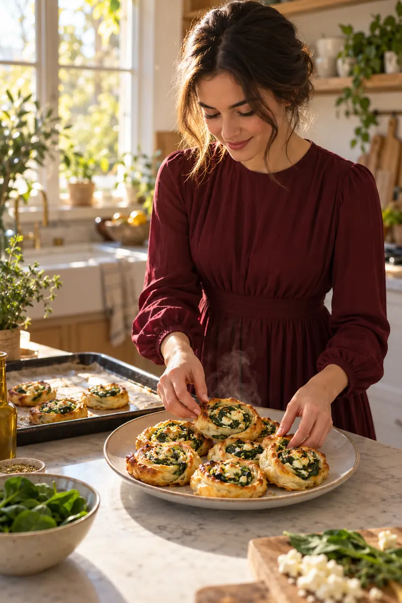 Woman arranging warm spinach and feta pinwheels on a serving plate