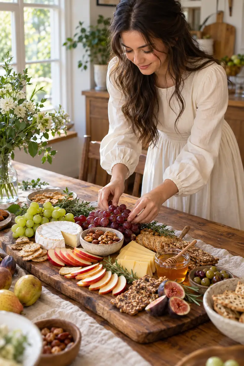 Woman arranging a cheese and fruit snack board with grapes, apple slices and nuts