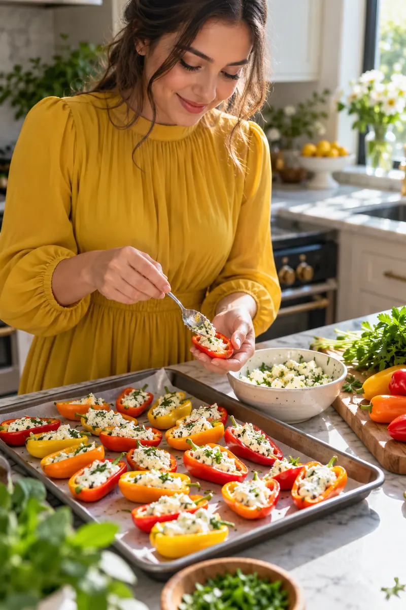 Woman filling mini pepper halves with a feta and herb mixture in a sunny kitchen