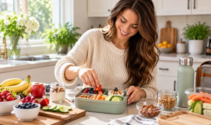 Healthy Snacks for Work Featured Image Woman packing a lunchbox with healthy snacks at a kitchen counter in the morning