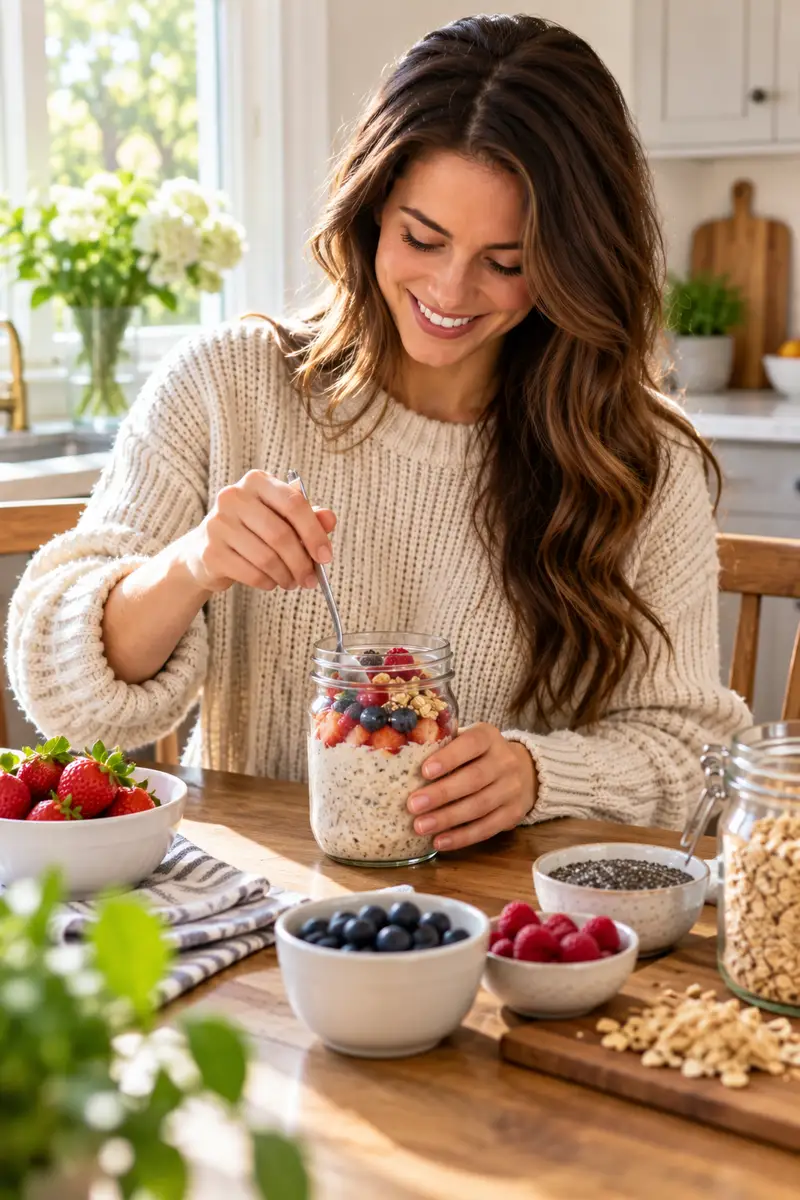 20 Easy Work Snacks to Beat the Afternoon Slump 4 A woman in a cozy knit sweater stirring a jar of overnight oats topped with fresh berries at her kitchen table