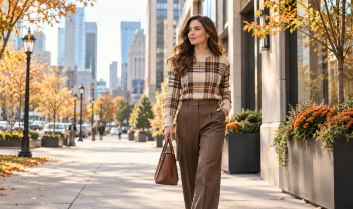 Plaid Sweater Work Outfits Featured Professional woman in a plaid sweater and tailored trousers walking to work